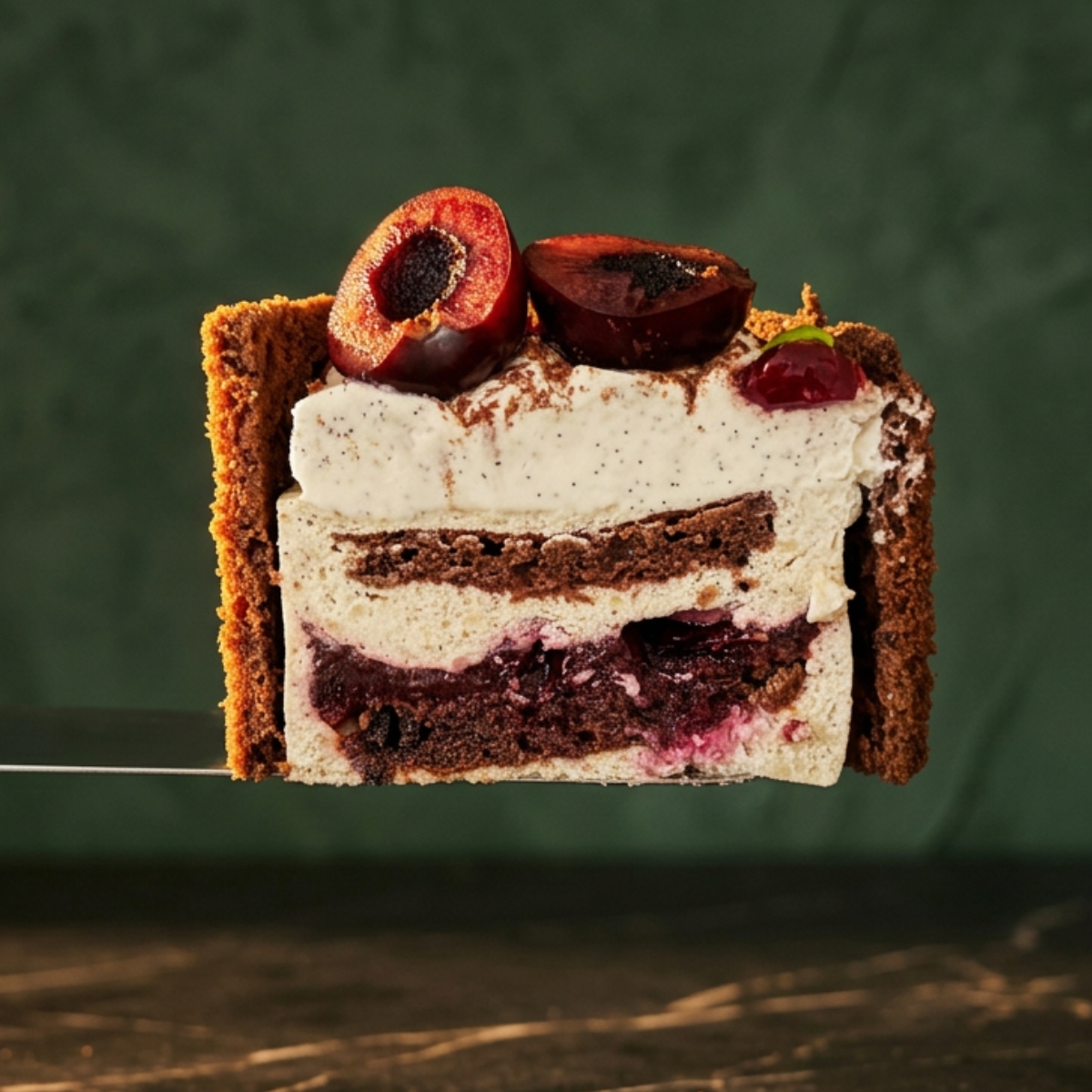 Individual Black Forest gateau with vanilla Chantilly, cherry and dark chocolate curl